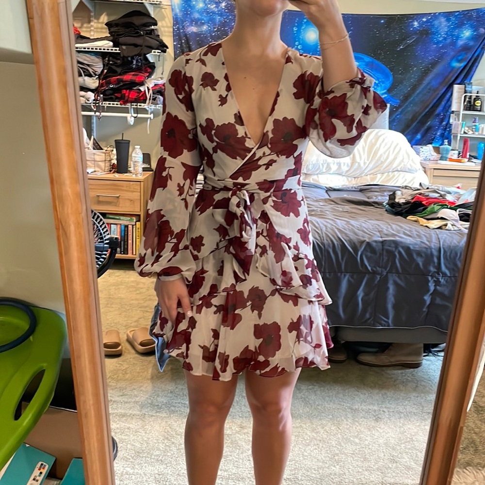 Long sleeve mini dress with ruffles and tie waist